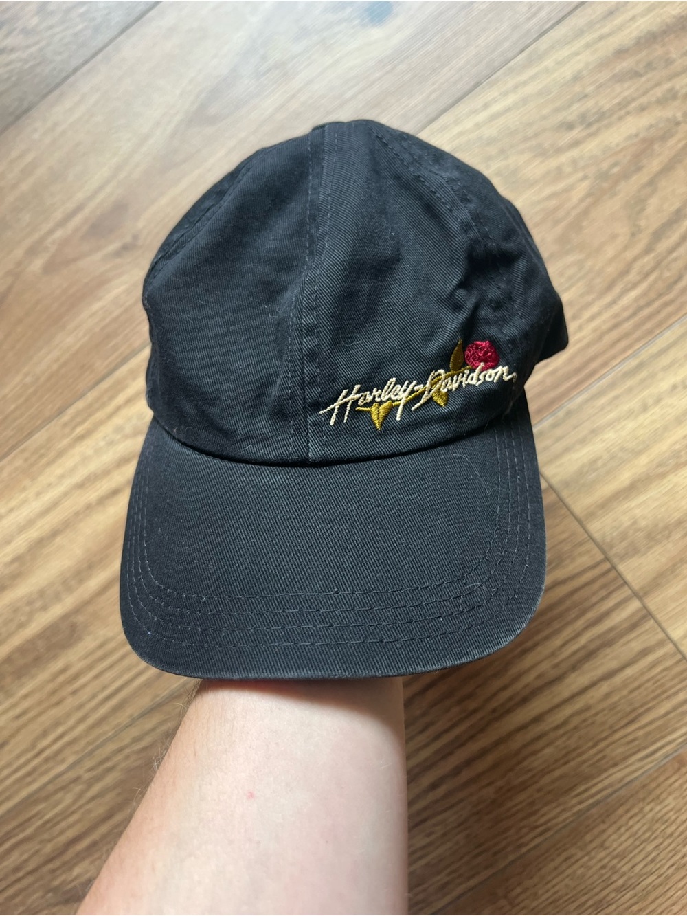 Vintage Harley Davidson Black Embroidered Script Rose Dad Hat Cap OSFM